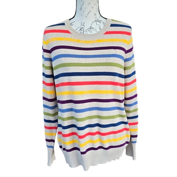 Izod Oatmeal Tan Multicolor Blue Red Horizontal Stripe Long Sleeve Sweater L - Picture 1 of 7